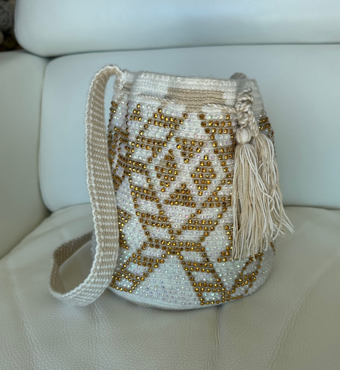 WAYUU mochila crossbody bag, rhinestone studded - Colombian WAYUU hand crocheted cotton