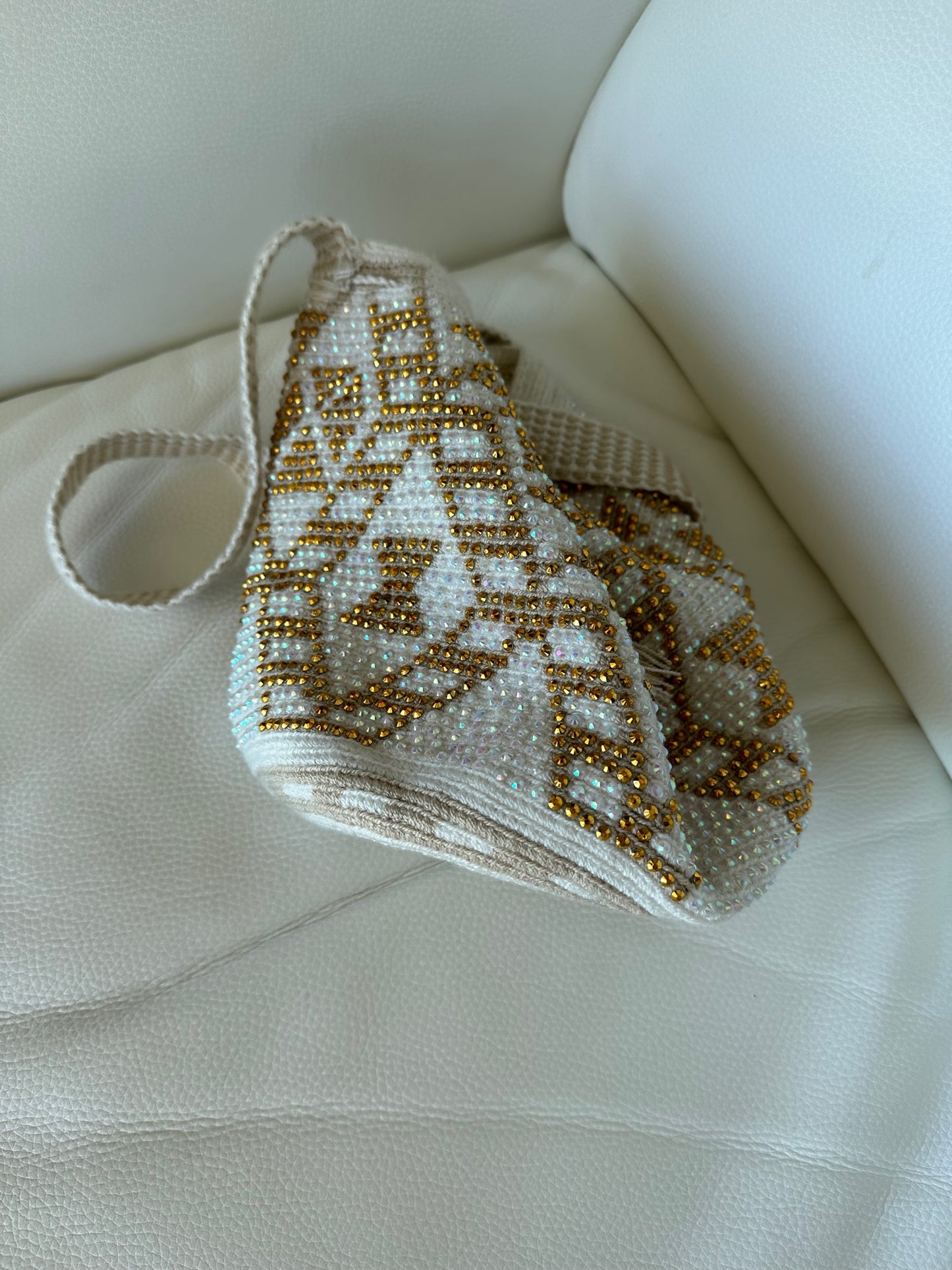 WAYUU mochila crossbody bag, rhinestone studded - Colombian WAYUU hand crocheted cotton