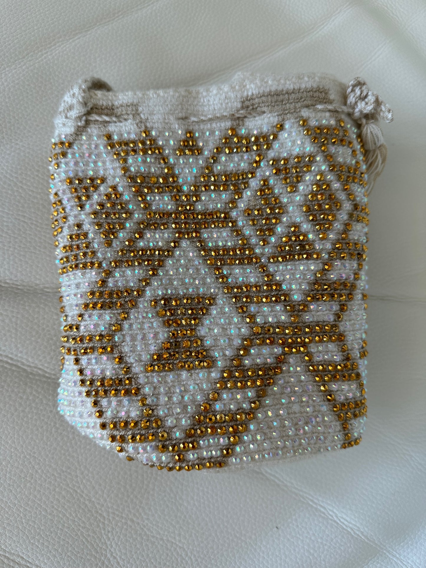 WAYUU mochila crossbody bag, rhinestone studded - Colombian WAYUU hand crocheted cotton