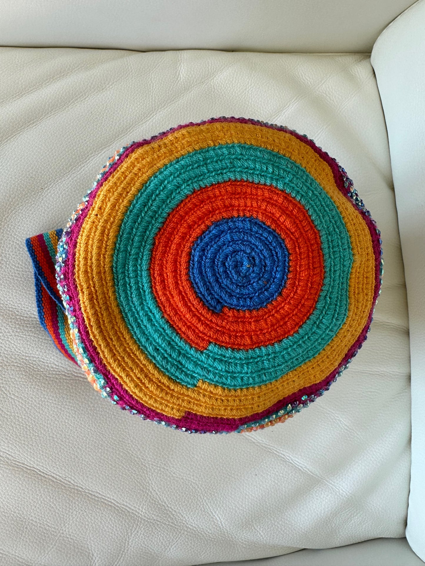 WAYUU mochila crossbody bag, rhinestone studded - Colombian WAYUU hand crocheted cotton