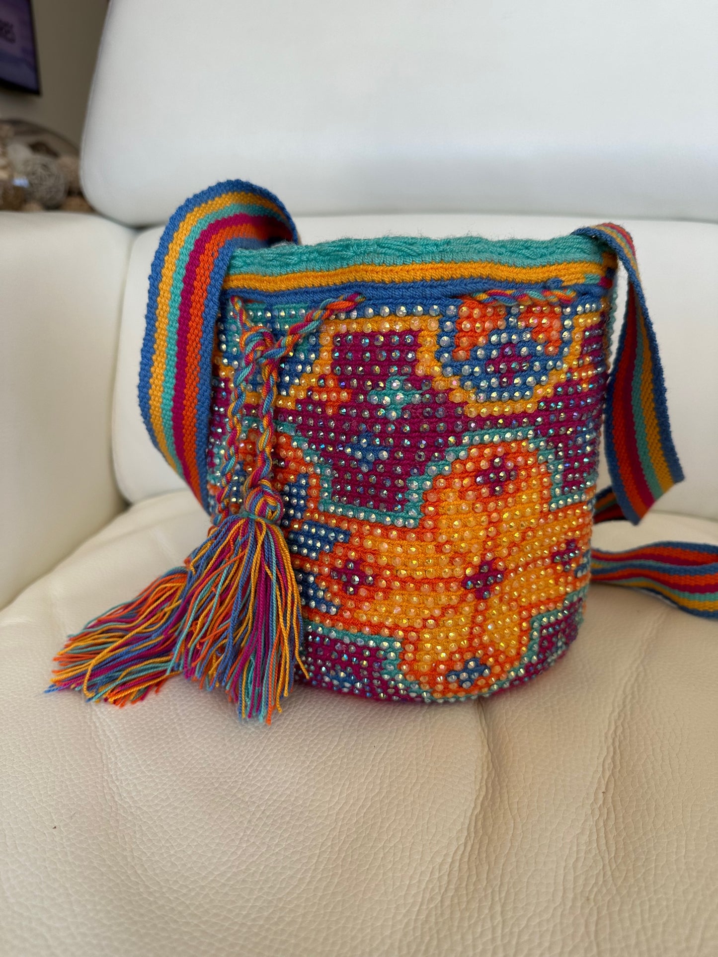 WAYUU mochila crossbody bag, rhinestone studded - Colombian WAYUU hand crocheted cotton