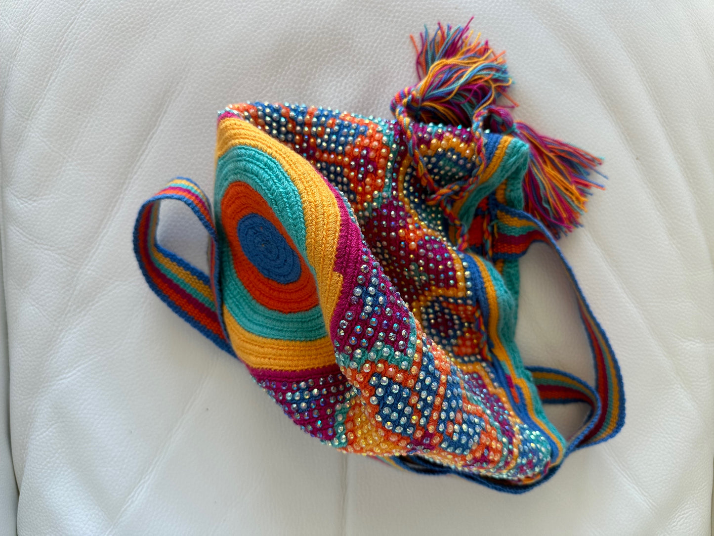 WAYUU mochila crossbody bag, rhinestone studded - Colombian WAYUU hand crocheted cotton