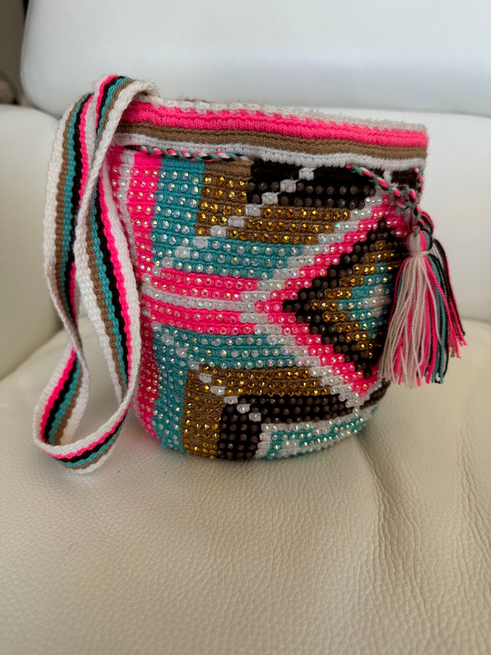 WAYUU mochila crossbody bag, rhinestone studded - Colombian WAYUU hand crocheted cotton