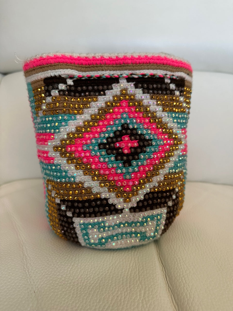 WAYUU mochila crossbody bag, rhinestone studded - Colombian WAYUU hand crocheted cotton