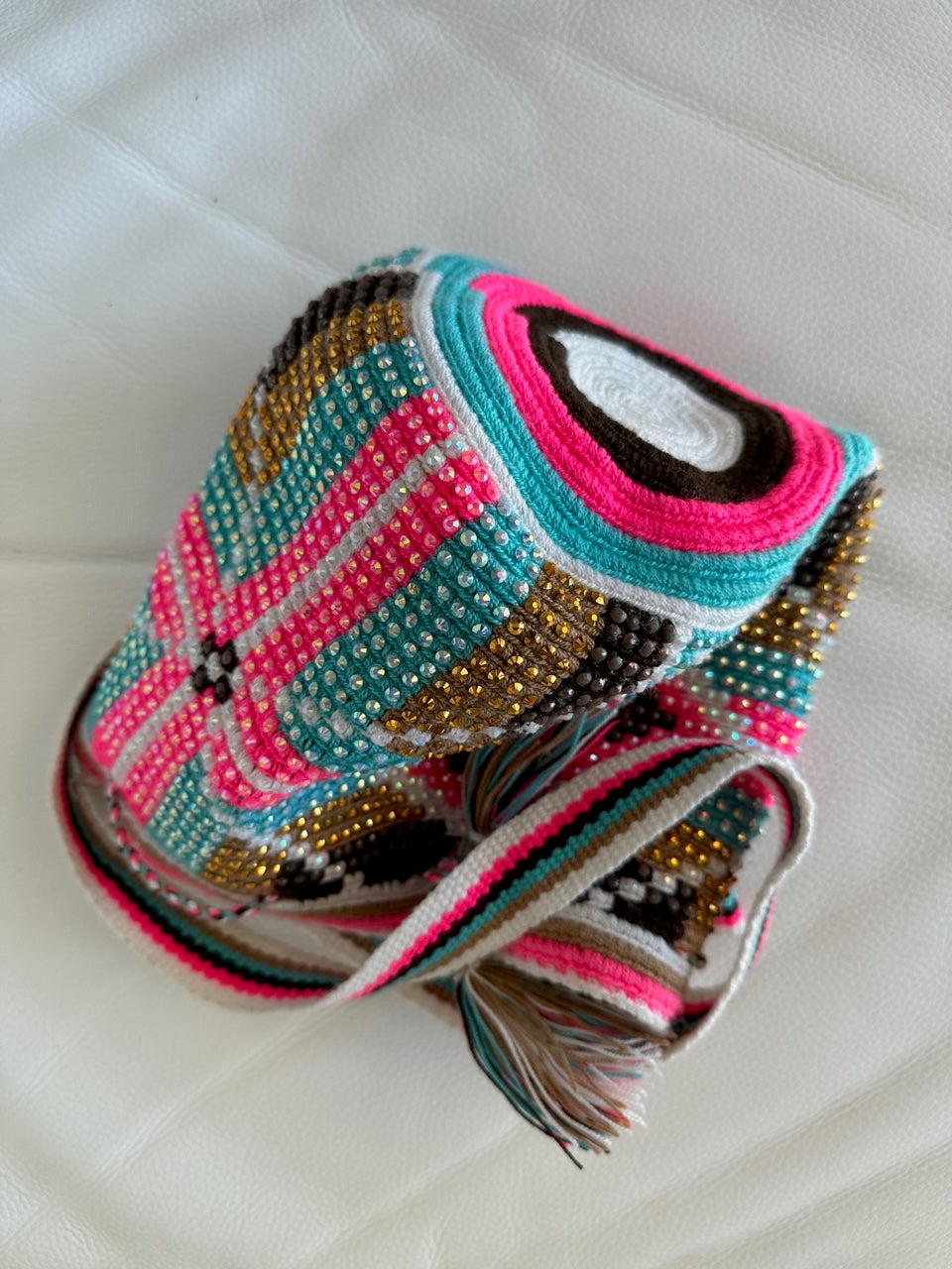 WAYUU mochila crossbody bag, rhinestone studded - Colombian WAYUU hand crocheted cotton