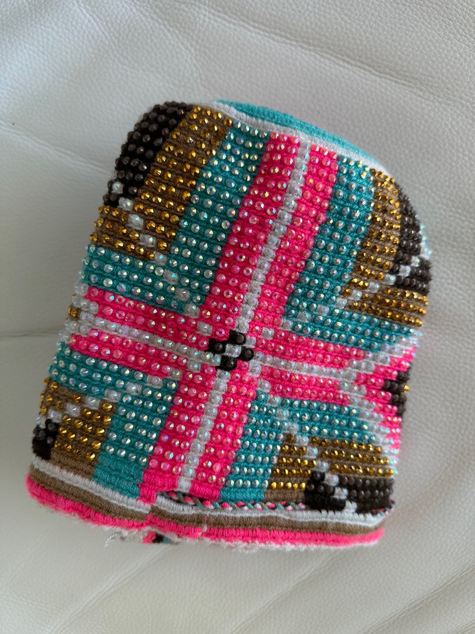 WAYUU mochila crossbody bag, rhinestone studded - Colombian WAYUU hand crocheted cotton