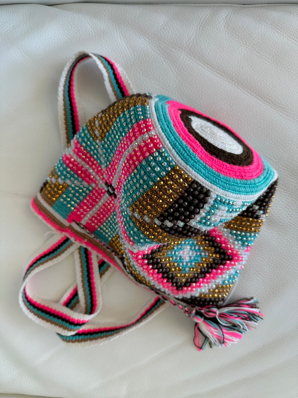 WAYUU mochila crossbody bag, rhinestone studded - Colombian WAYUU hand crocheted cotton