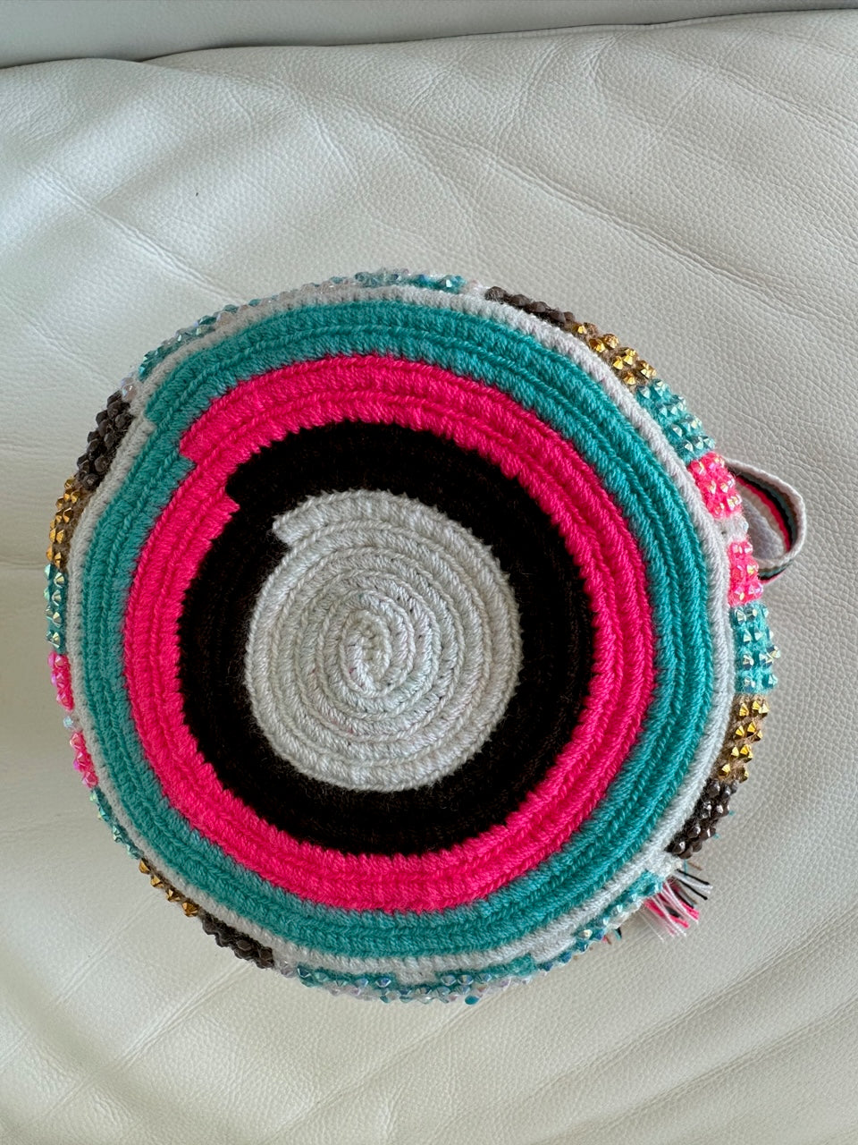 WAYUU mochila crossbody bag, rhinestone studded - Colombian WAYUU hand crocheted cotton