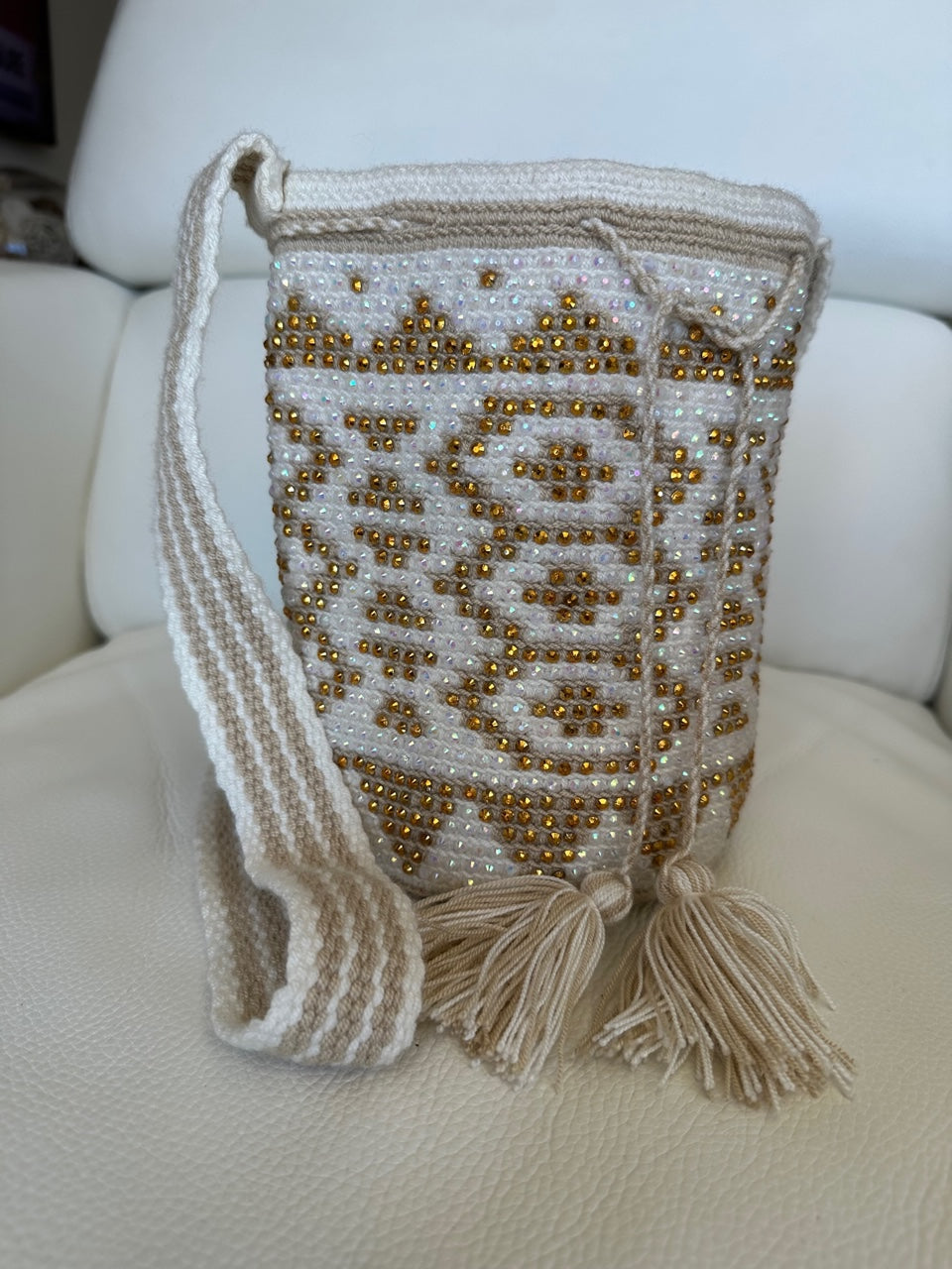 WAYUU mochila crossbody bag, rhinestone studded - Colombian WAYUU hand crocheted cotton