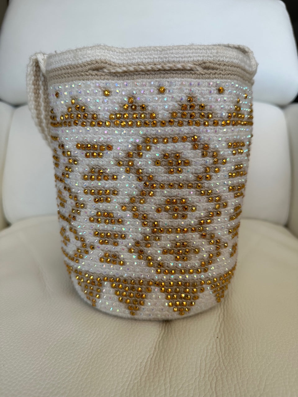 WAYUU mochila crossbody bag, rhinestone studded - Colombian WAYUU hand crocheted cotton