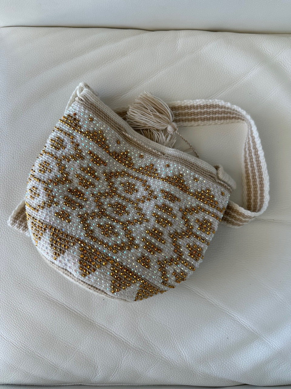 WAYUU mochila crossbody bag, rhinestone studded - Colombian WAYUU hand crocheted cotton