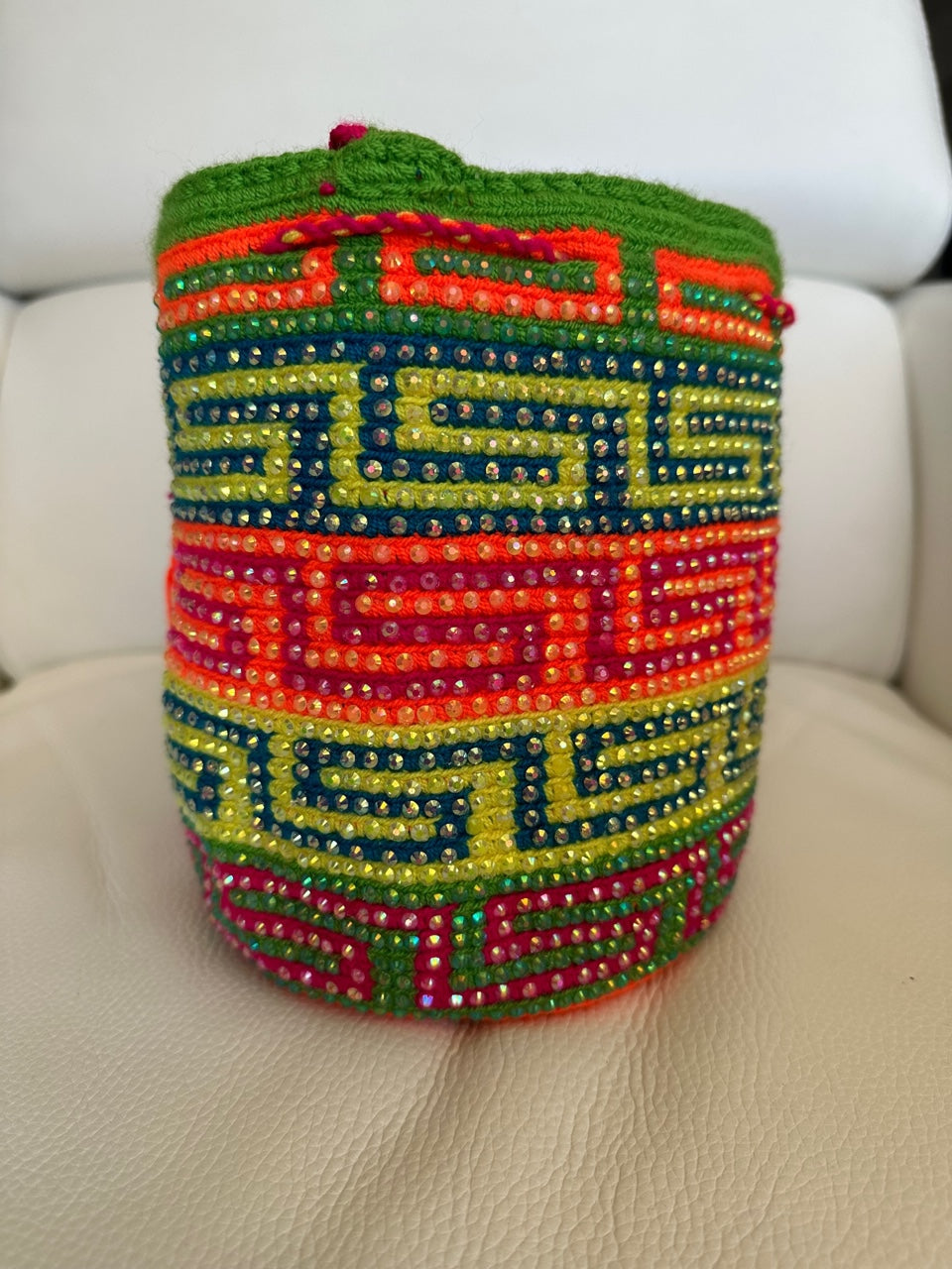 WAYUU mochila crossbody bag, rhinestone studded - Colombian WAYUU hand crocheted cotton