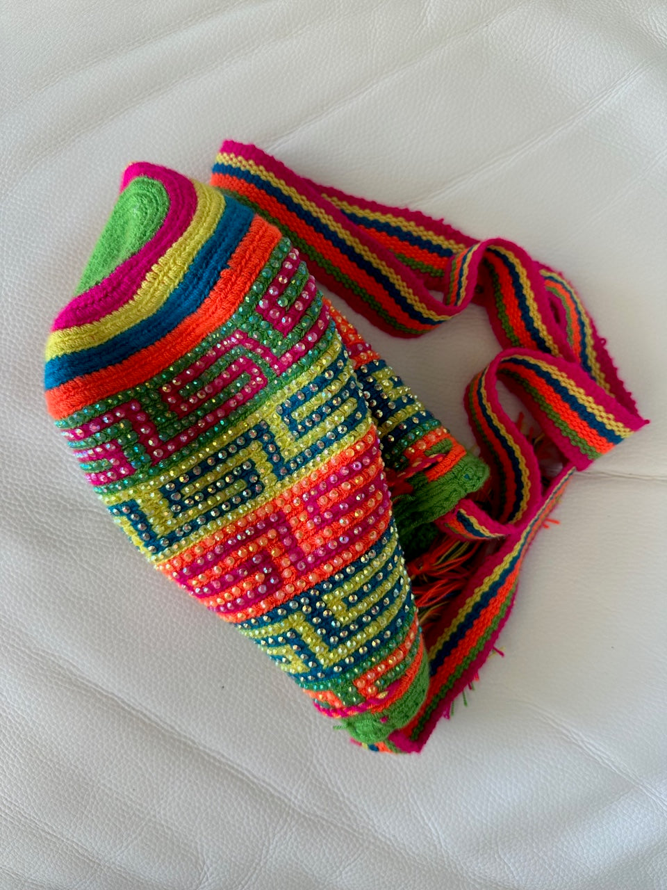 WAYUU mochila crossbody bag, rhinestone studded - Colombian WAYUU hand crocheted cotton