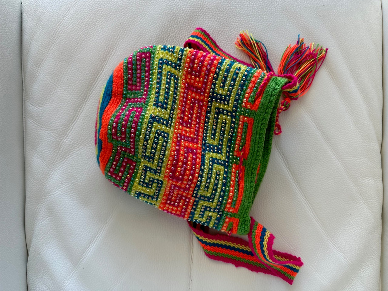 WAYUU mochila crossbody bag, rhinestone studded - Colombian WAYUU hand crocheted cotton