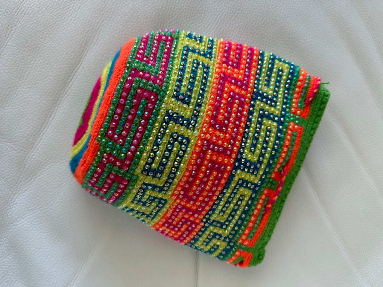 WAYUU mochila crossbody bag, rhinestone studded - Colombian WAYUU hand crocheted cotton