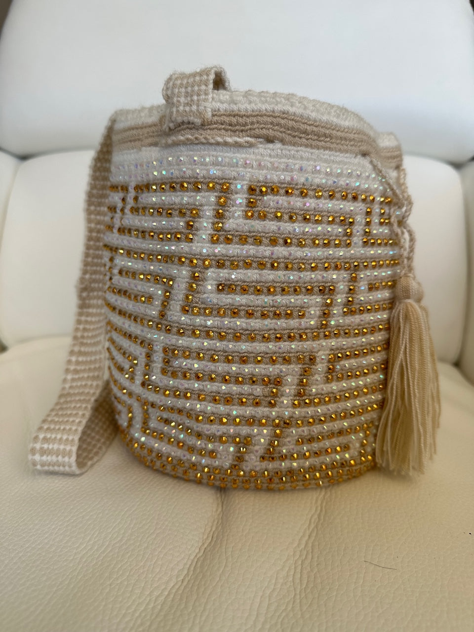 WAYUU mochila crossbody bag, rhinestone studded - Colombian WAYUU hand crocheted cotton