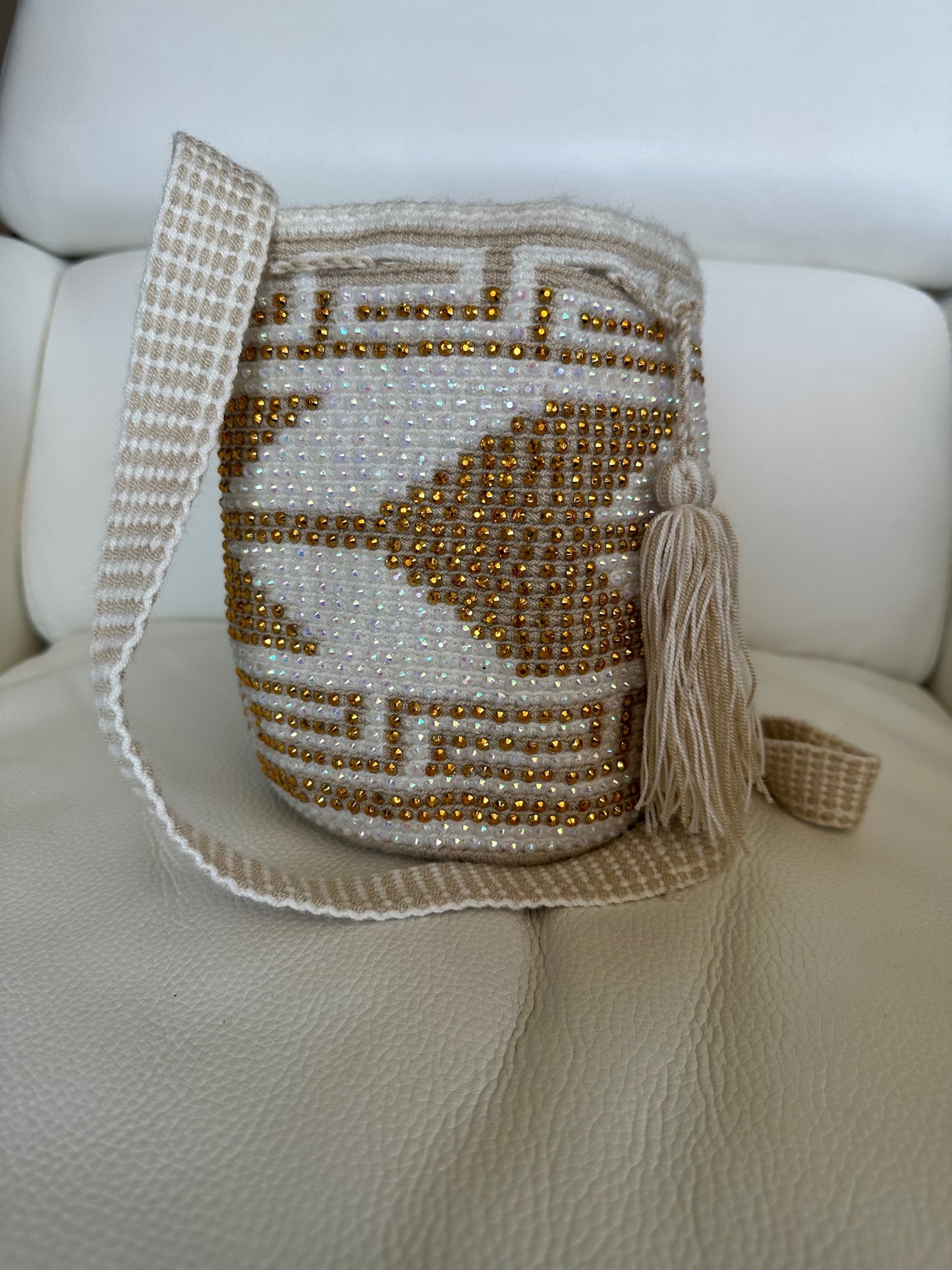 WAYUU mochila crossbody bag, rhinestone studded - Colombian WAYUU hand crocheted cotton