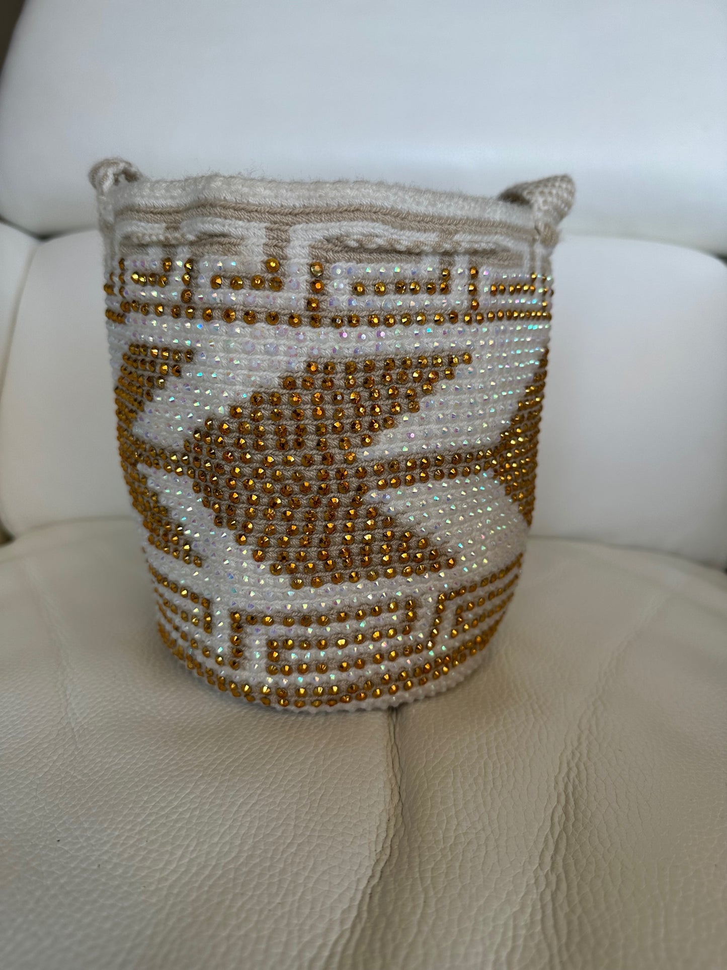 WAYUU mochila crossbody bag, rhinestone studded - Colombian WAYUU hand crocheted cotton