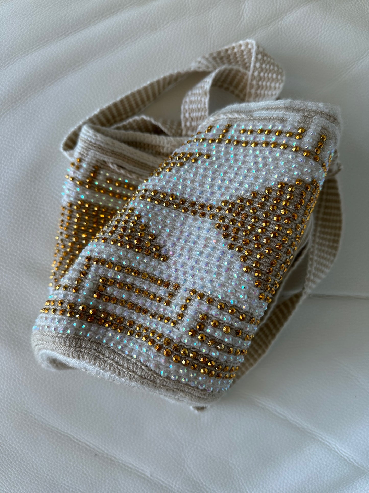 WAYUU mochila crossbody bag, rhinestone studded - Colombian WAYUU hand crocheted cotton
