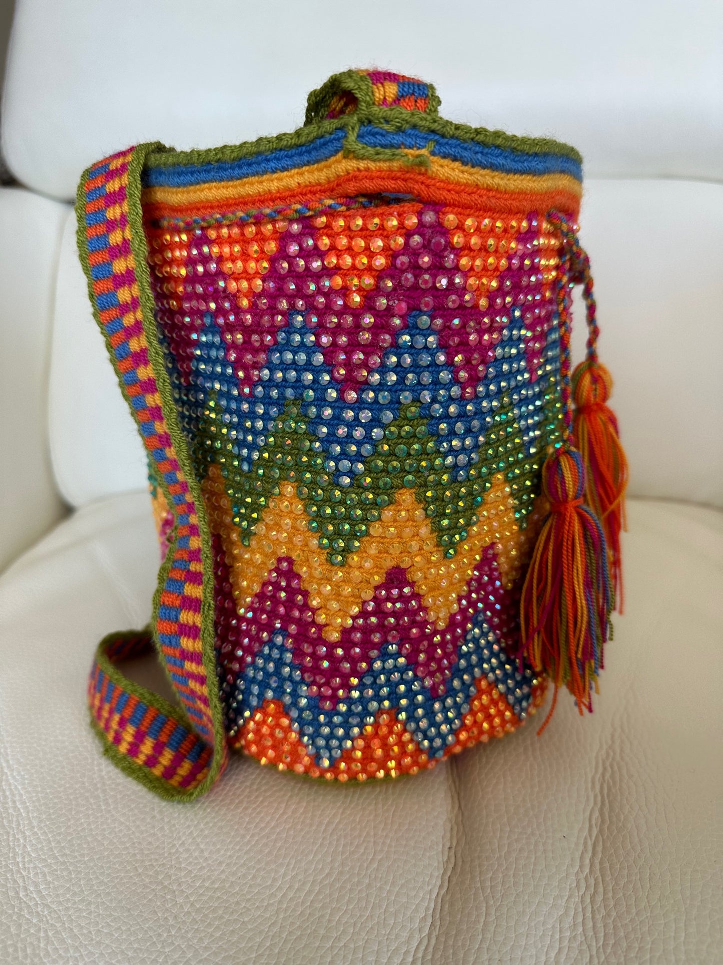 WAYUU mochila crossbody bag, rhinestone studded - Colombian WAYUU hand crocheted cotton