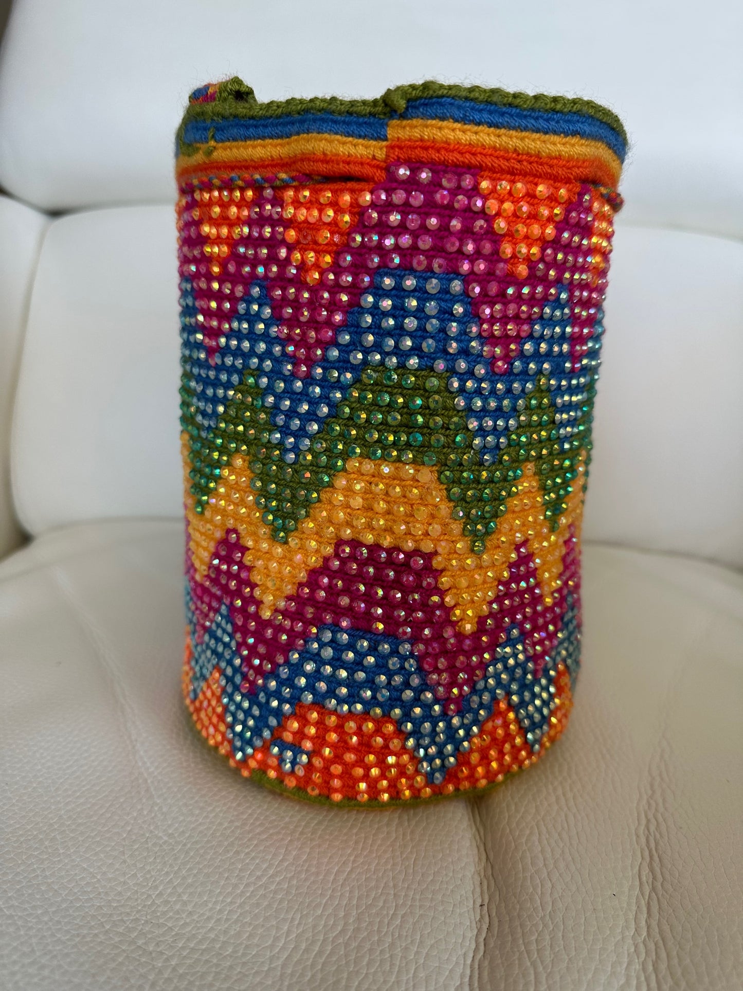 WAYUU mochila crossbody bag, rhinestone studded - Colombian WAYUU hand crocheted cotton
