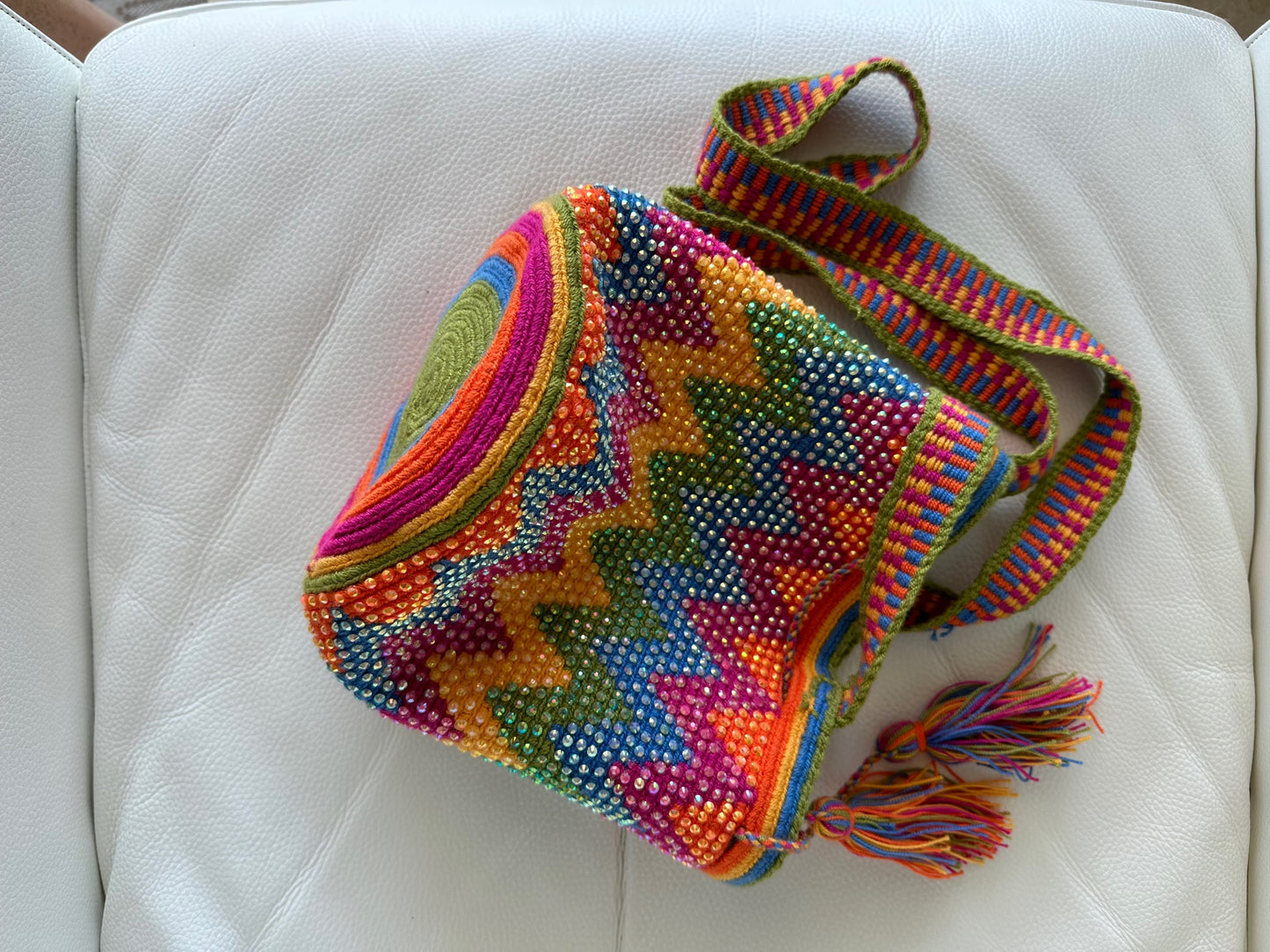 WAYUU mochila crossbody bag, rhinestone studded - Colombian WAYUU hand crocheted cotton