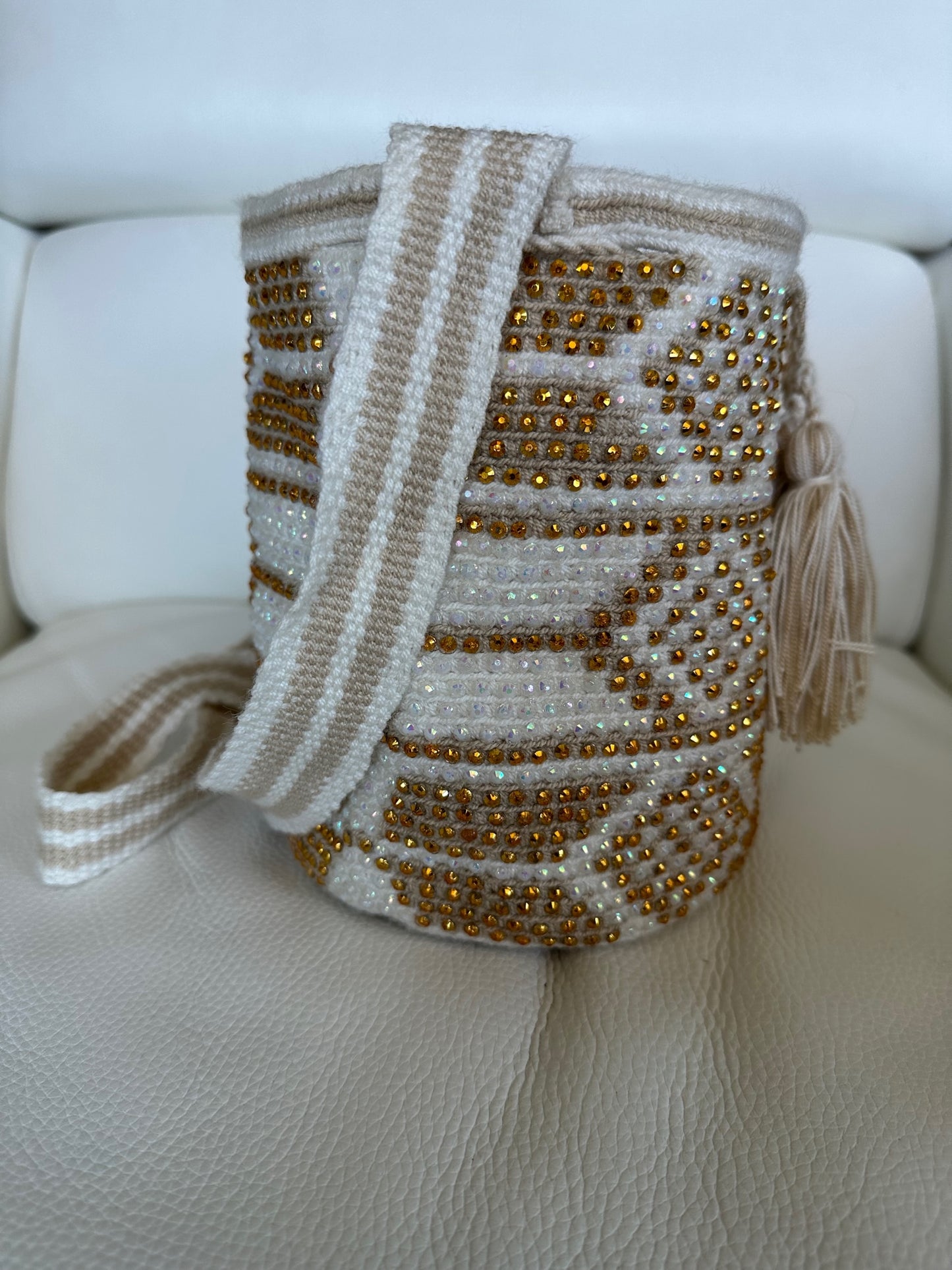 WAYUU mochila crossbody bag, rhinestone studded - Colombian WAYUU hand crocheted cotton