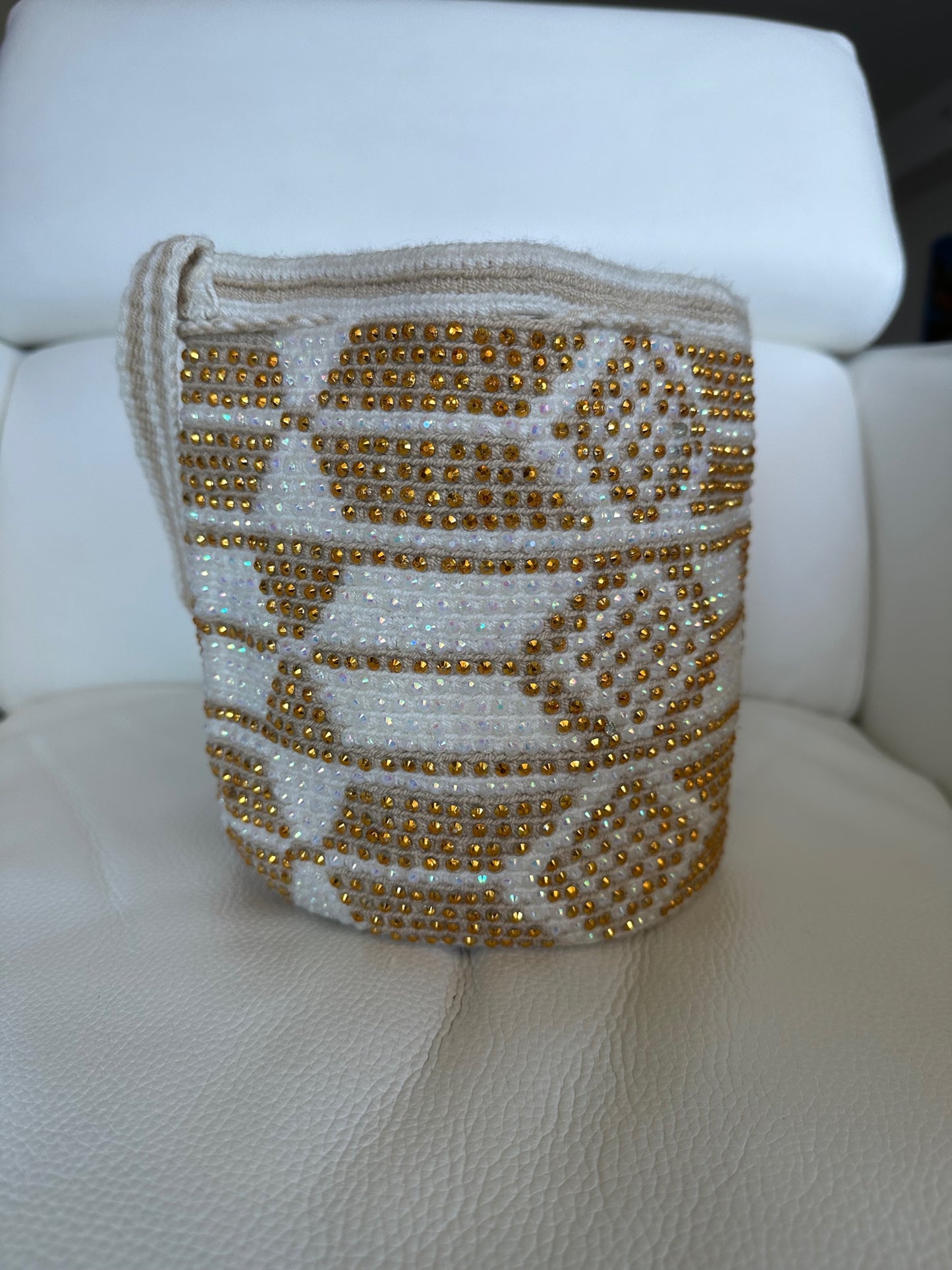 WAYUU mochila crossbody bag, rhinestone studded - Colombian WAYUU hand crocheted cotton