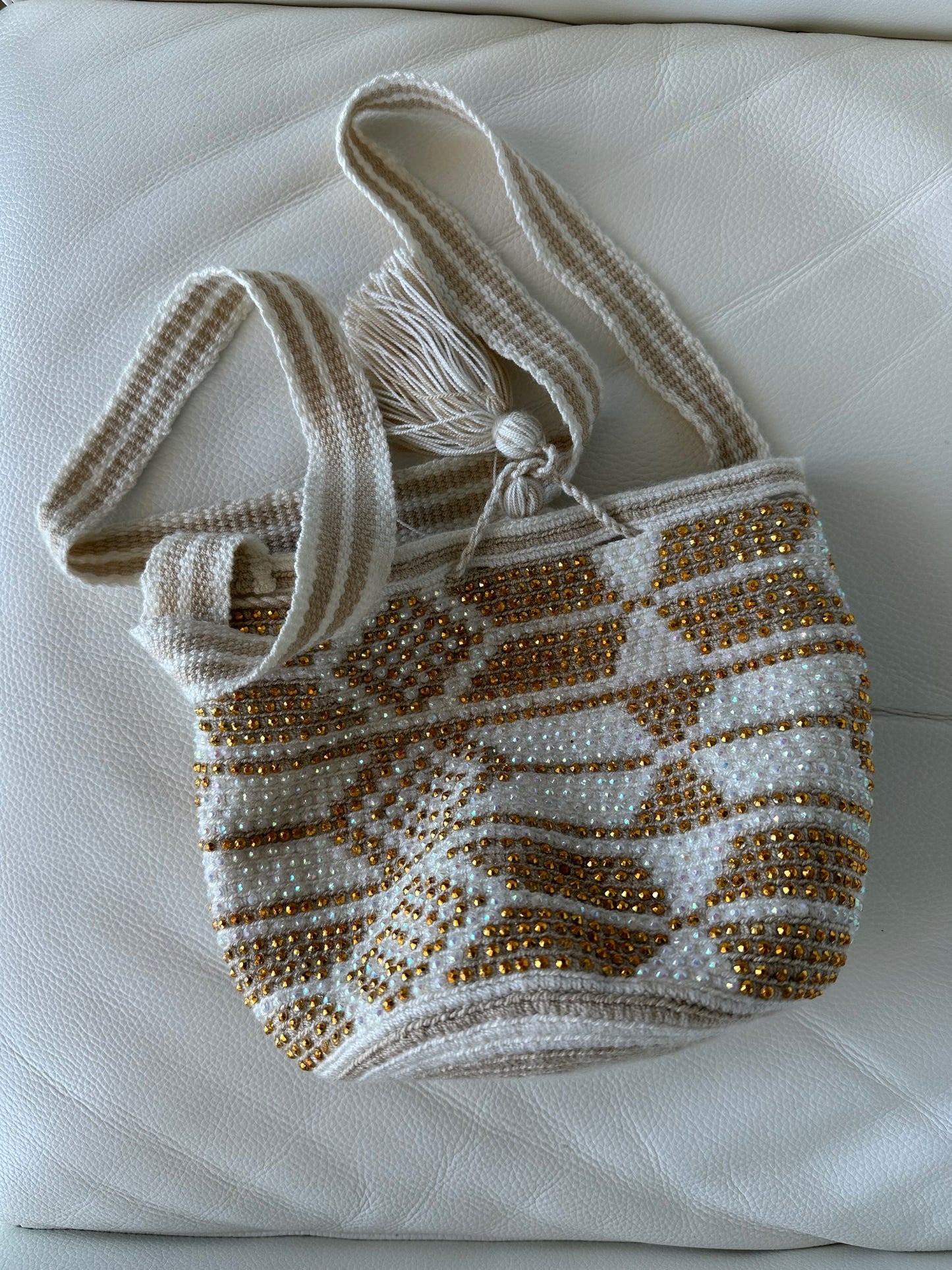 WAYUU mochila crossbody bag, rhinestone studded - Colombian WAYUU hand crocheted cotton