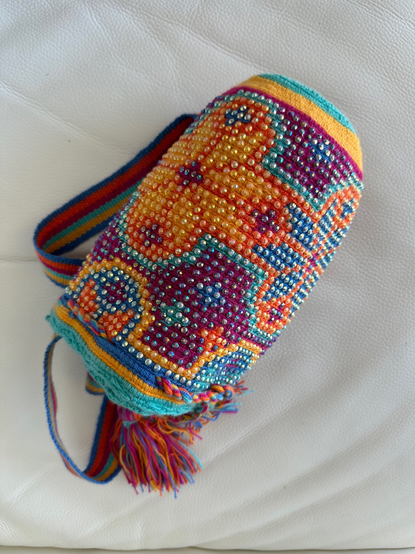WAYUU mochila crossbody bag, rhinestone studded - Colombian WAYUU hand crocheted cotton