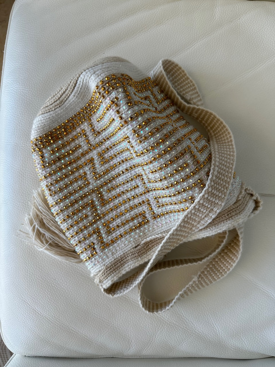 WAYUU mochila crossbody bag, rhinestone studded - Colombian WAYUU hand crocheted cotton