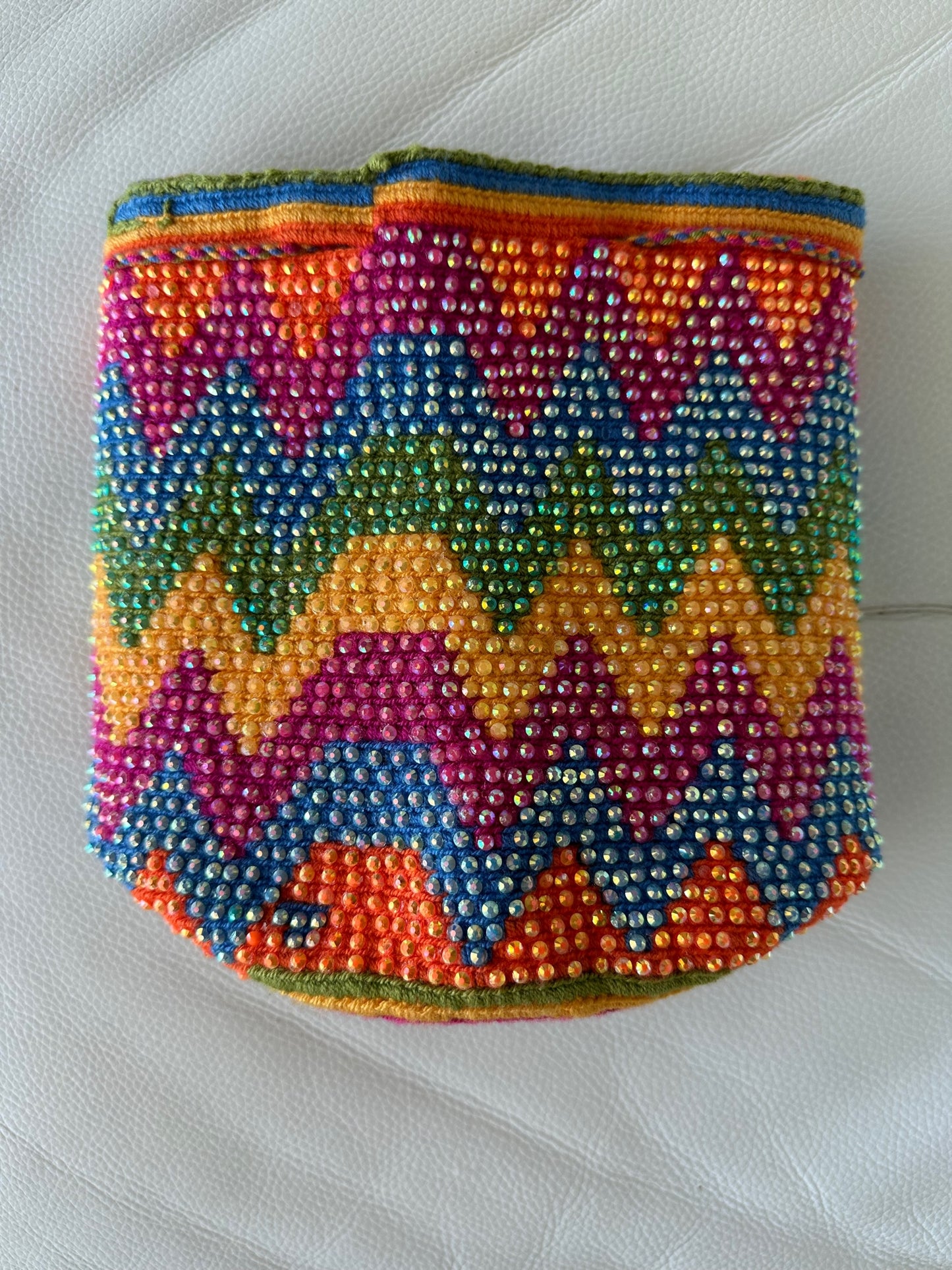 WAYUU mochila crossbody bag, rhinestone studded - Colombian WAYUU hand crocheted cotton